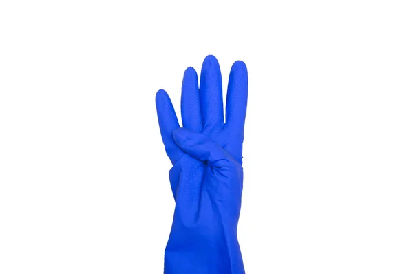 Вывески Синих Защитных Перчаток Пальцы Символизируют Четыре Изолирован Белом Понятие — стоковое фото