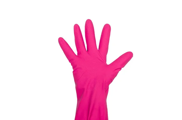 由粉红色防护手套制成的标志 手指符号为五 在白色上隔离 清洁和秩序的概念 — 图库照片