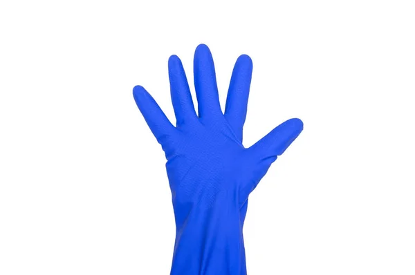 Mavi Koruyucu Eldiven Yapılan Işaretler Parmak Sembol Beş Beyaz Izole — Stok fotoğraf