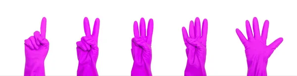 Signs made of magenta protective gloves. Fingers symbol one two three four five. Isolated on white. The concept of cleanliness and order.