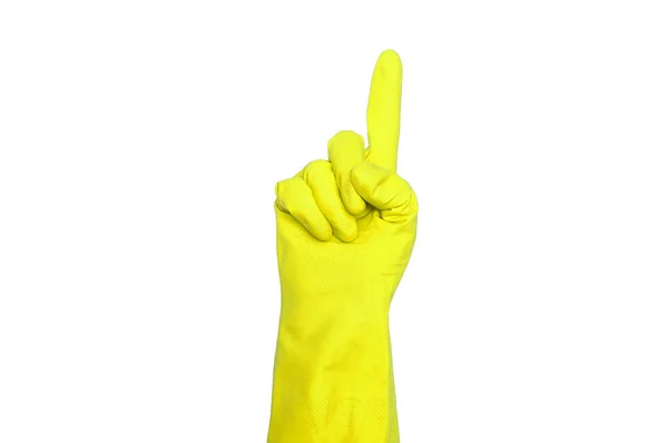 Schilder Aus Gelben Schutzhandschuhen Finger Symbolisieren Eins Isoliert Auf Weiß — Stockfoto