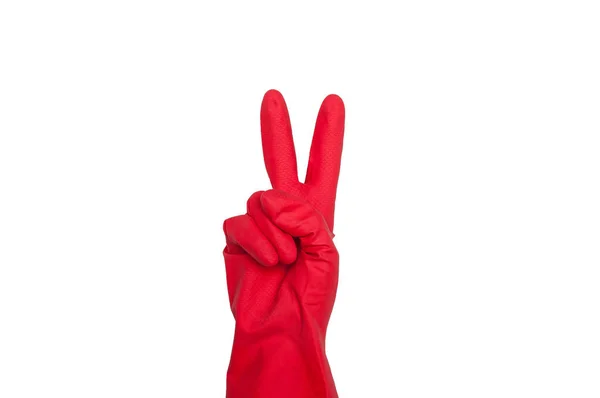 Şaretleri Kırmızı Koruyucu Eldiven Yaptı Parmak Iki Sembolü Beyaz Izole — Stok fotoğraf