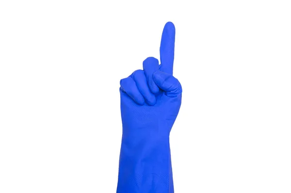 Вывески Синих Защитных Перчаток Символ Пальца Один Изолирован Белом Понятие — стоковое фото