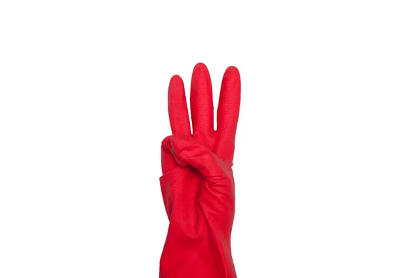 Schilder Aus Roten Schutzhandschuhen Finger Symbol Drei Isoliert Auf Weiß — Stockfoto