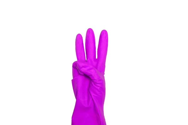 Schilder Aus Magentafarbenen Schutzhandschuhen Finger Symbol Drei Isoliert Auf Weiß — Stockfoto