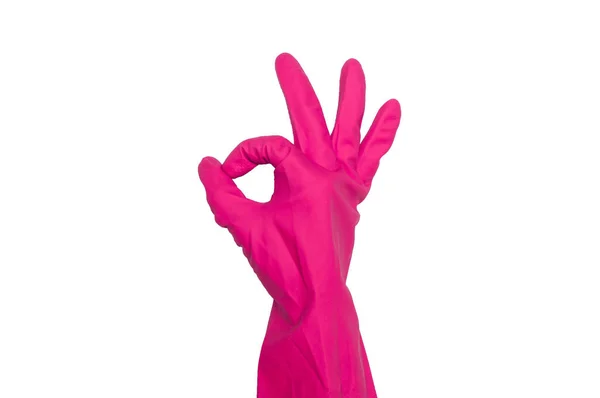 Γυναικείο Χέρι Ροζ Καουτσούκ Γάντι Δείχνει Εντάξει Σημάδι Απομονώνονται Λευκό — Φωτογραφία Αρχείου