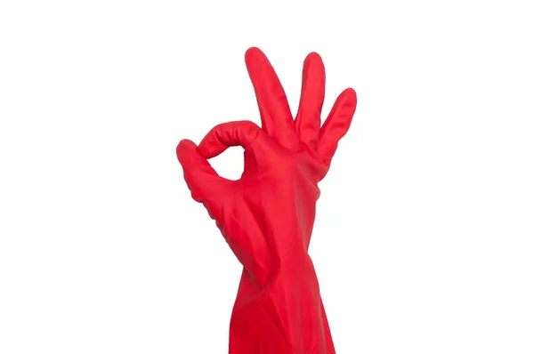 Mão Feminina Luva Borracha Vermelha Mostra Sinal Isolado Branco — Fotografia de Stock