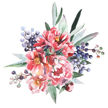 Beyaz arka planda izole edilmiş suluboya çiçekleri. Tebrik kartı ya da düğün davetiyesi olarak kullanılabilir,