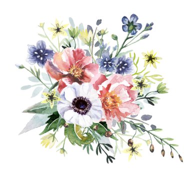 Beyaz arka planda izole edilmiş suluboya çiçekleri. Tebrik kartı ya da düğün davetiyesi olarak kullanılabilir,