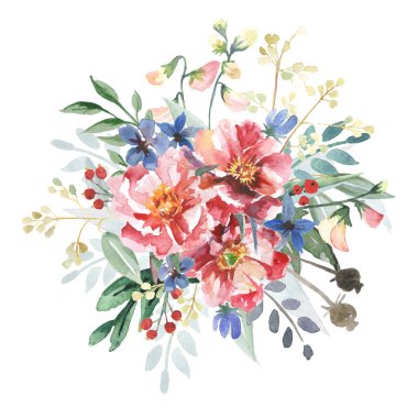 Beyaz arka planda izole edilmiş suluboya çiçekleri. Tebrik kartı ya da düğün davetiyesi olarak kullanılabilir,