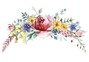 Beyaz arka planda izole edilmiş suluboya çiçekleri. Tebrik kartı ya da düğün davetiyesi olarak kullanılabilir,