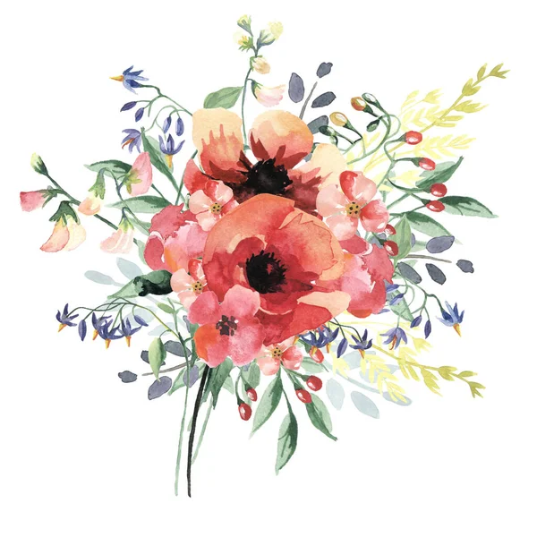 Watercolor Flowers Bouquet Isolated White Background Can Used Greeting Card — Stock Photo, Image