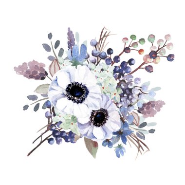 Beyaz arka planda izole edilmiş suluboya çiçekleri. Tebrik kartı ya da düğün davetiyesi olarak kullanılabilir,