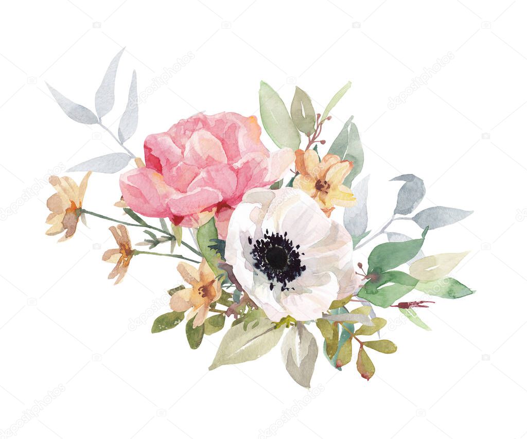 Watercolor flowers bouquet isolated on white background. Can be used as greeting card, invitation card for wedding,
