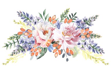 Beyaz arka planda izole edilmiş suluboya çiçekleri. Tebrik kartı ya da düğün davetiyesi olarak kullanılabilir,