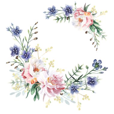 Beyaz arka planda izole edilmiş suluboya çiçekleri. Tebrik kartı ya da düğün davetiyesi olarak kullanılabilir,