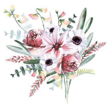 Beyaz arka planda izole edilmiş suluboya çiçekleri. Tebrik kartı ya da düğün davetiyesi olarak kullanılabilir,