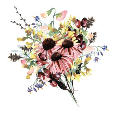 Beyaz arka planda izole edilmiş suluboya çiçekleri. Tebrik kartı ya da düğün davetiyesi olarak kullanılabilir,