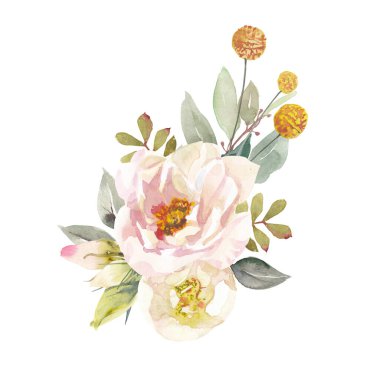 Beyaz arka planda izole edilmiş suluboya çiçekleri. Tebrik kartı ya da düğün davetiyesi olarak kullanılabilir,