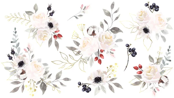 Grand Ensemble Bouquets Fleurs Aquarelle Avec Des Éléments Dorés Illustration — Photo