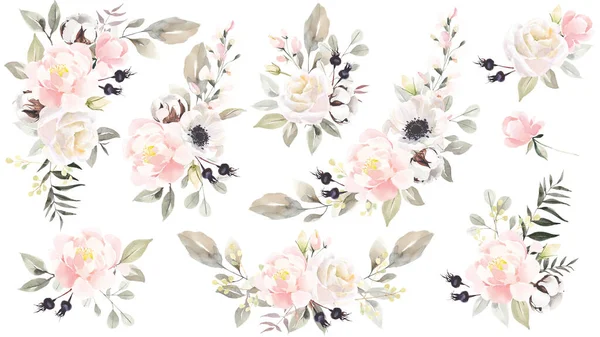 Μεγάλο Σετ Από Λουλούδια Ακουαρέλα Ανθοδέσμες Εικόνα Απομονωμένη Λευκό Φόντο — Φωτογραφία Αρχείου