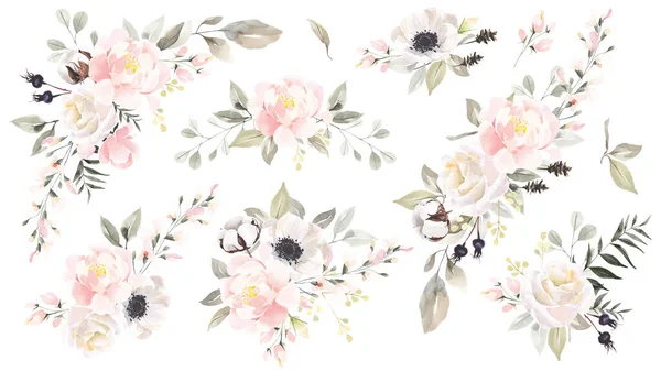 Grand Ensemble Bouquets Fleurs Aquarelle Illustration Isolée Sur Fond Blanc — Photo