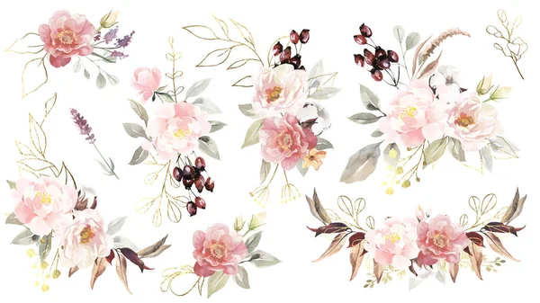 Grand Ensemble Bouquets Fleurs Aquarelle Avec Des Éléments Dorés Illustration — Photo