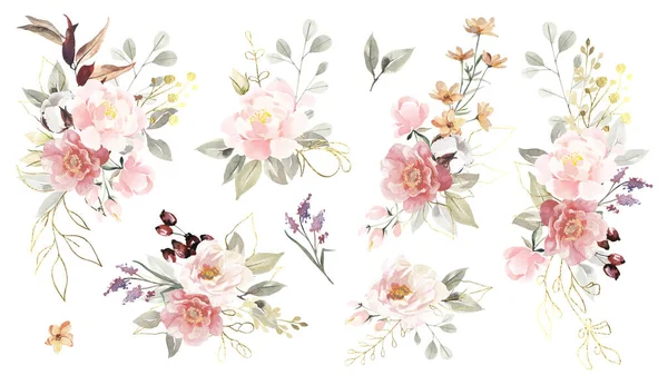 Grand Ensemble Bouquets Fleurs Aquarelle Illustration Isolée Sur Fond Blanc — Photo