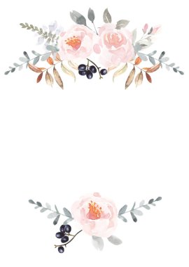 Suluboya el, yeşil yapraklı, otlu, dallı, kır çiçekli ve bereli yeşil çiçek pankartı boyadı. Suluboya çiçekli düzenlemeler. Resimler beyaz arkaplanda izole edildi. Çiçek posteri, davet. El çizimi illüstrasyon