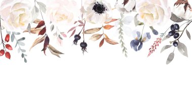 Suluboya el yeşil çiçek pankartı yeşil yapraklar, otlar, dallar, kır çiçekleri ve böğürtlenlerle boyadı. Suluboya çiçekli düzenlemeler. Resimler beyaz arkaplanda izole edildi.