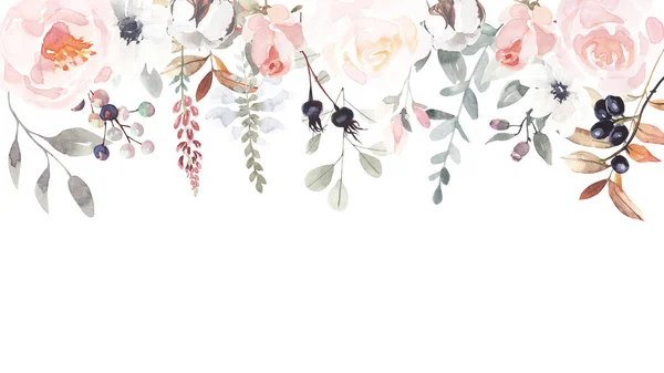 Aquarel Hand Geschilderd Groene Bloemen Banner Met Groene Bladeren Kruiden Stockfoto