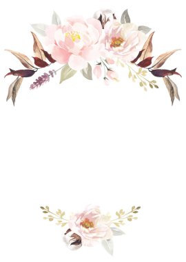 Suluboya el yeşil çiçek pankartı yeşil yapraklar, otlar, dallar, kır çiçekleri ve böğürtlenlerle boyadı. Suluboya çiçekli düzenlemeler. Resimler beyaz arkaplanda izole edildi.