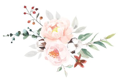 Suluboya çiçekleri. Resimler beyaz arkaplanda izole edildi. Bahçe ve yabani, orman bitkisi, çiçekler, dallar. Botanik Clipart.