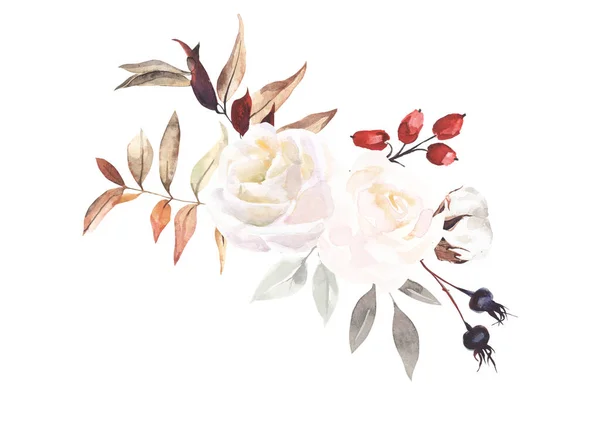 Suluboya çiçekleri. Resimler beyaz arkaplanda izole edildi. Bahçe ve yabani, orman bitkisi, çiçekler, dallar. Botanik Clipart.