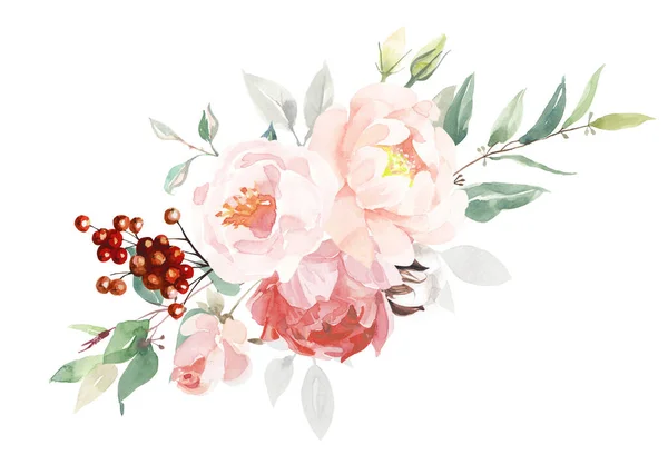 水彩の花の花束 白を基調としたイラスト 庭と野生 森のハーブ 植物界 ロイヤリティフリーのストック画像