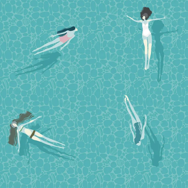 seamless pattern with beautiful girls in the water, blue seabed
