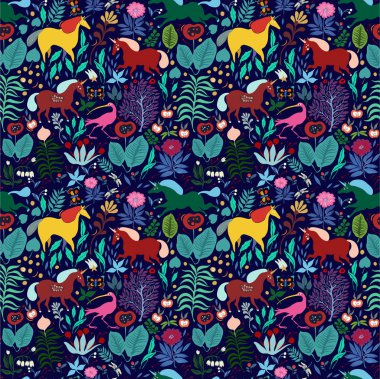 fantastik tek boynuzlu atlar ve büyülü bir orman diğer hayvanlar ile sorunsuz vektör desen