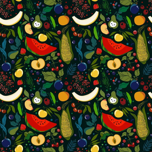 Patrón Sin Costuras Montón Frutas Jugosas Brillantes Sobre Fondo Oscuro — Archivo Imágenes Vectoriales