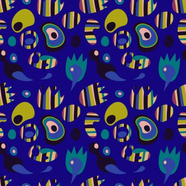 parlak ile Seamless modeli nesnelerini, soyut desen ultramarine bir arka plan üzerinde aerodinamik