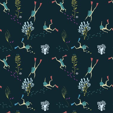 güzel kızlar deniz yosunu, balık, ahtapot ve koyu yeşil arka plan üzerinde taşlar arasında suyun altında yüzen ile Seamless modeli