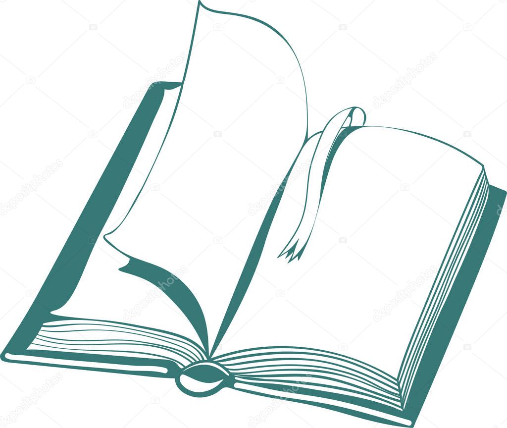 Vector illustration with open book and bookmark, linear drawing on white background