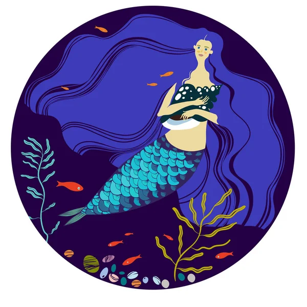 Putri Duyung Dengan Rambut Biru Panjang Dan Wastafel Tangannya Antara Stok Ilustrasi 