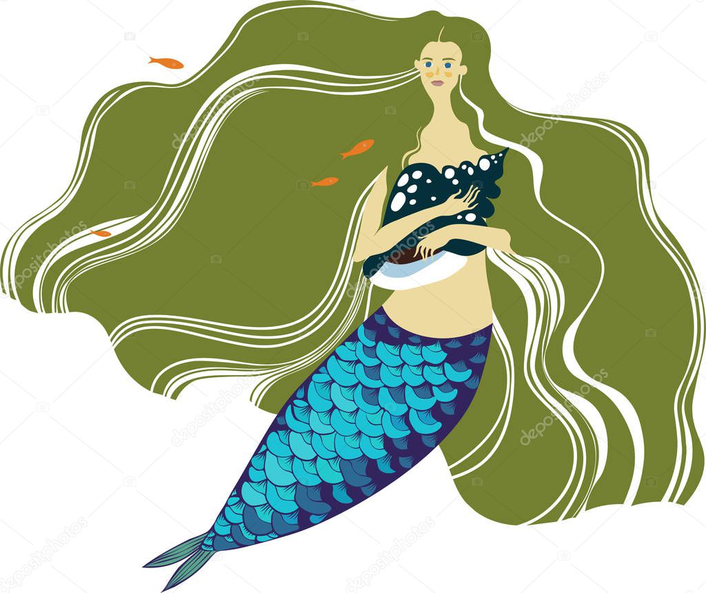 mermaid with long green hair and a sink in her hands