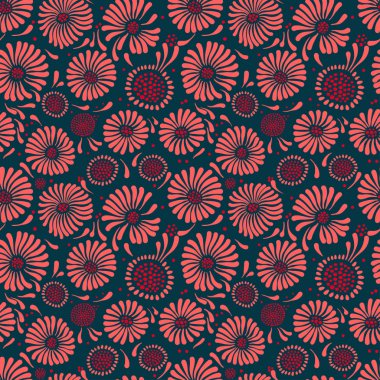 yeşil bir arka plan üzerinde calendula ve papatya dekoratif pembe çiçekler ile dikişsiz vektör desen, yeşil bir arka plan üzerinde şifalı otlar ve çiçekler ile süs