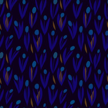 Koyu arkaplanda mavi laleler olan kusursuz bir desen. Kumaşlar, baskılar, tasarımlar ve duvar kağıtları için vektör çizimi