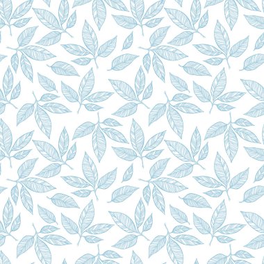 Yapraklı güzel, narin desen. İnce çizgili narin bir çizim. Beyaz arkaplandaki kusursuz vektör deseni, kumaşlara, duvar kağıtlarına, tasarımcı baskılarına baskı yapmak için oluşturuldu