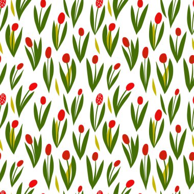 Beyaz arka planda kırmızı laleleri olan neşeli bir şablon. Çizgi film çiçek desenli kusursuz vektör deseni kumaşlar, baskılar, duvar kağıtları, tasarım elementleri için oluşturuldu