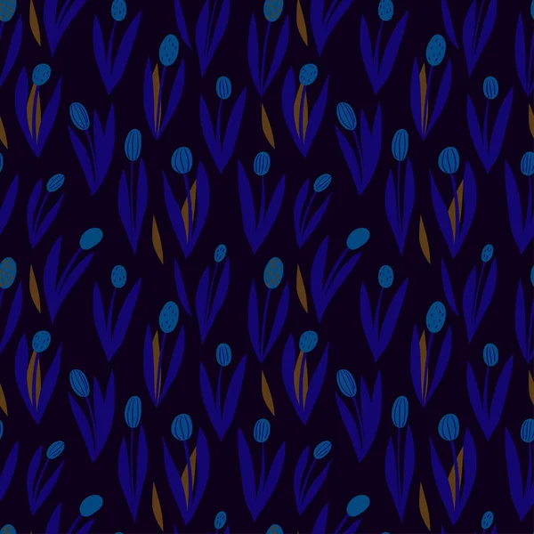 Patrón Sin Costuras Con Tulipanes Azules Sobre Fondo Oscuro Ilustración — Archivo Imágenes Vectoriales