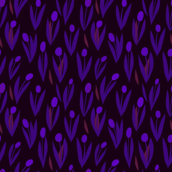 Patrón Con Tulipanes Púrpura Sobre Fondo Oscuro Patrón Dibujos Animados — Archivo Imágenes Vectoriales