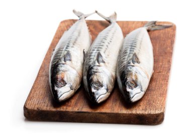 Ağaç ahşap tahta üzerinde beyaz izole üzerinde ham bütün uskumru 